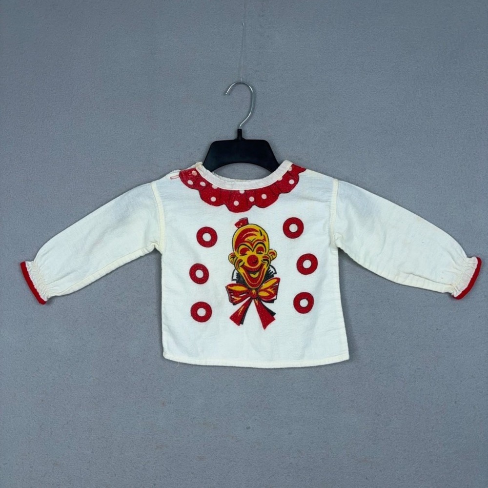 Vintage Greencraft Shirt Kids 4 White Graphic Clown Polka Dot Ruffle Collar 60s